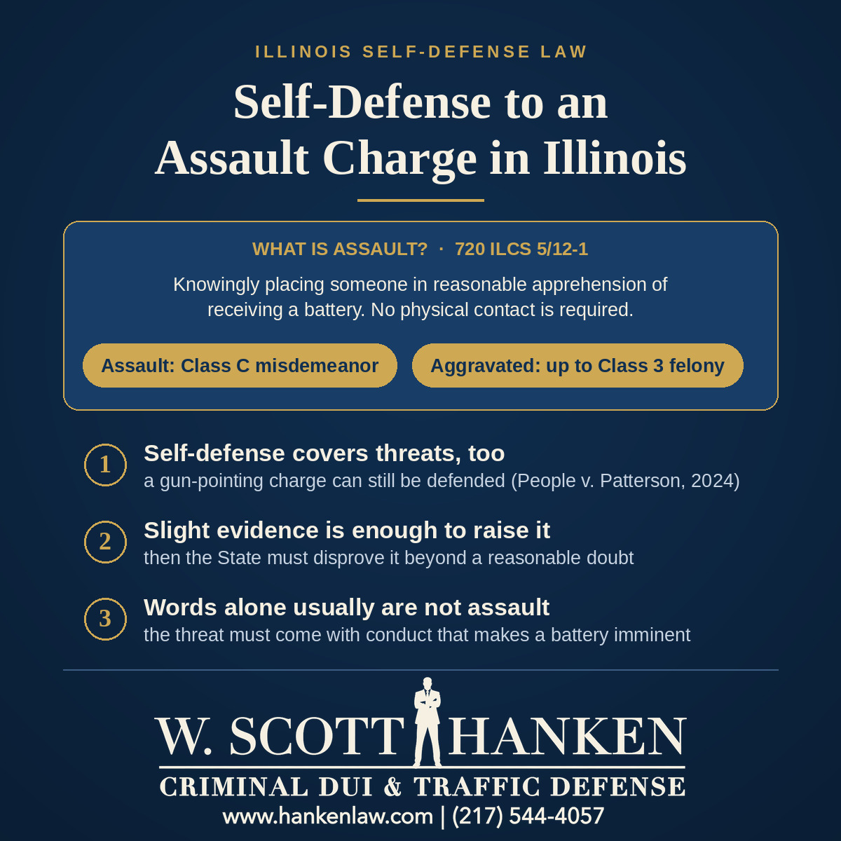 Infographic by Springfield attorney W. Scott Hanken on self-defense to assault in Illinois, defining assault under 720 ILCS 5/12-1 and listing three rules for self-defense claims.
