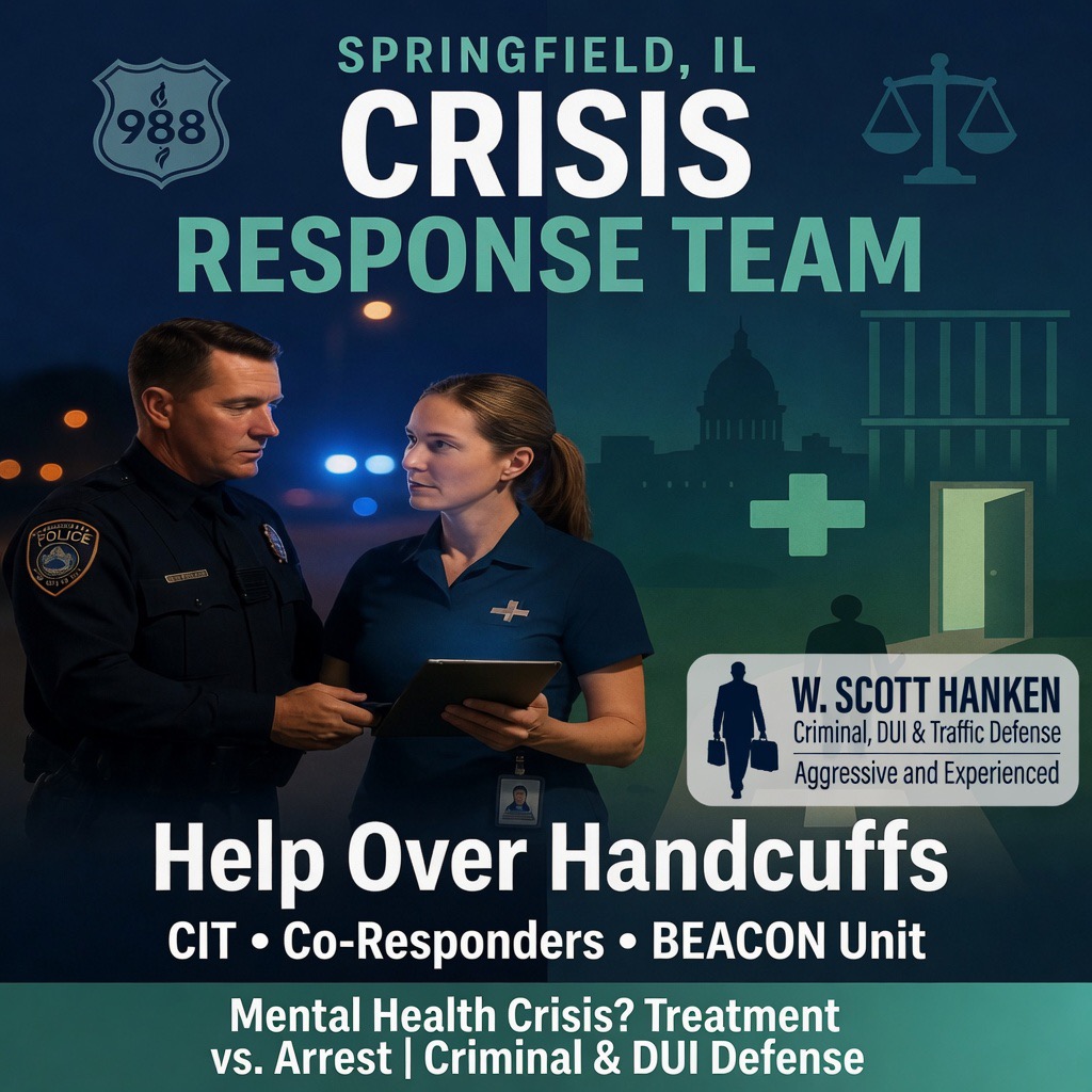 Infographic titled 'Springfield, IL Crisis Response Team,' featuring a male police officer and a female clinician holding a tablet under text reading 'Help Over Handcuffs.' The image includes 988 and justice badges, a silhouette of the state capitol dome, W. Scott Hanken law firm branding, and detailed text about mental health crisis treatment versus arrest in criminal and DUI defense cases