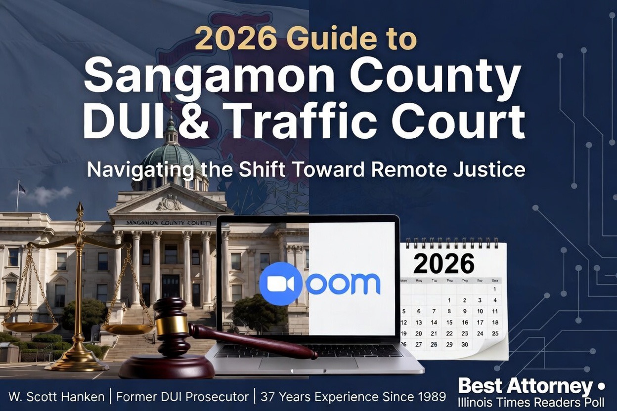 Banner graphic for W. Scott Hanken titled '2026 Guide to Sangamon County DUI & Traffic Court: Navigating the Shift Toward Remote Justice' set against a blurred courtroom background. The image features the firm's logo, award credentials, a 500+ five-star reviews badge, and the phone number 217-544-4057.