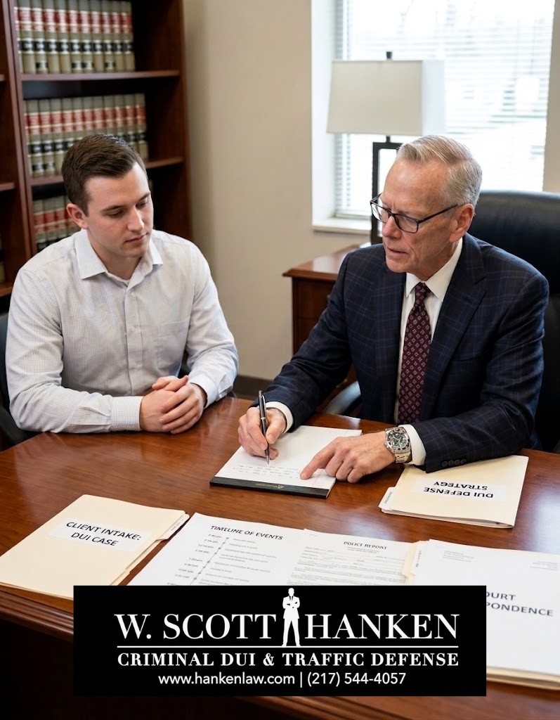 Criminal defense attorney W. Scott Hanken reviewing DUI case files and strategy with a client.
