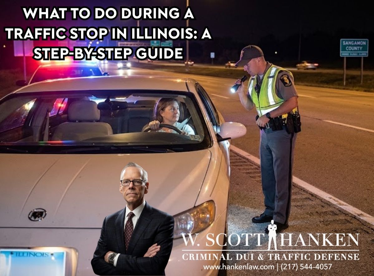 W. Scott Hanken, Springfield Illinois criminal defense and DUI attorney, standing in front of a nighttime traffic stop scene on a Sangamon County road, illustrating what drivers should do during an Illinois traffic stop.