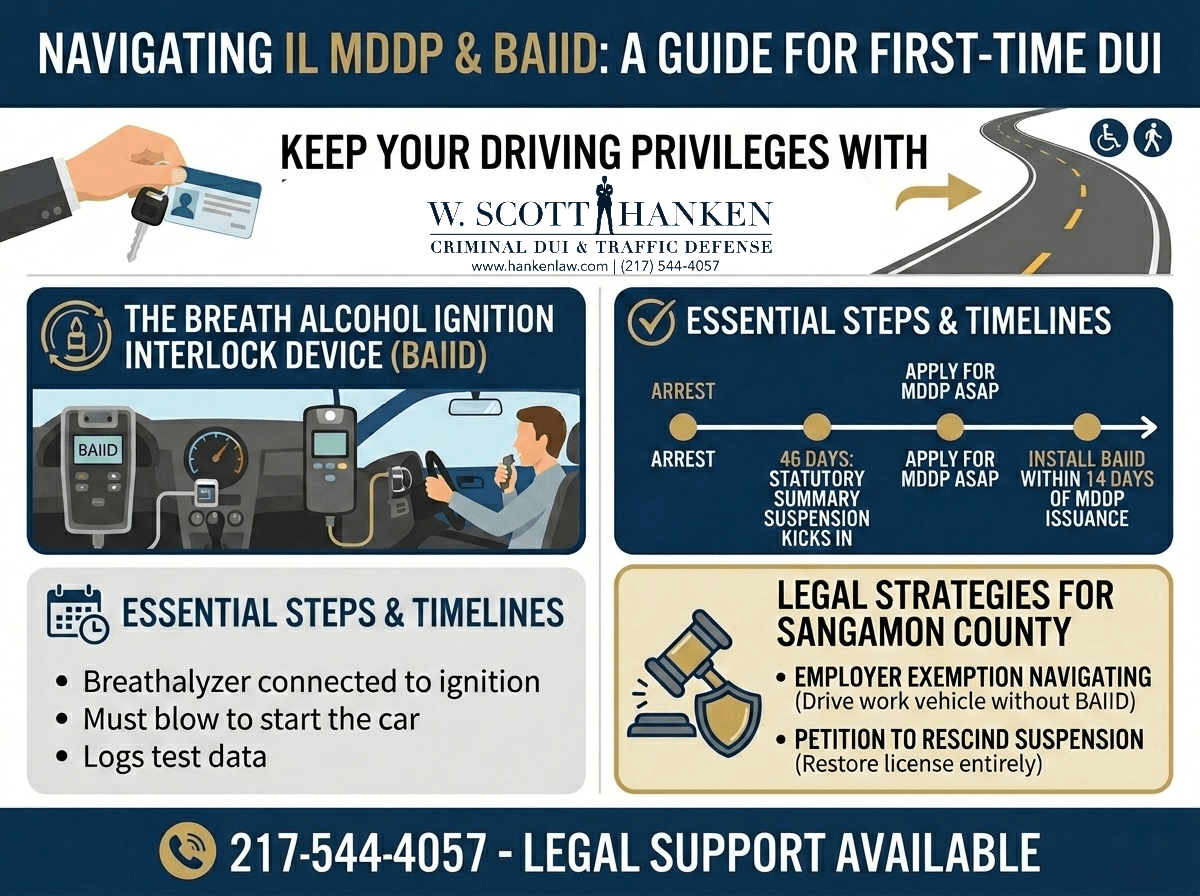 Infographic explaining the Illinois MDDP and BAIID process for first-time DUI in Springfield, IL — including the 46-day suspension timeline, BAIID installation steps, and Sangamon County legal strategies by W. Scott Hanken.
