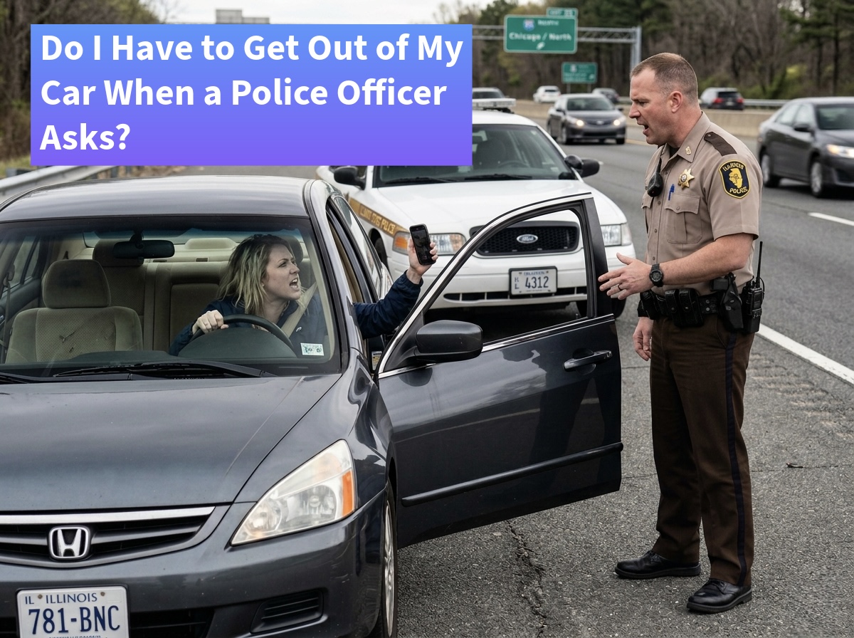 Springfield, Illinois driver filming an Illinois State Police officer at the open car door during a traffic stop, illustrating Springfield traffic stop rights as explained by attorney W. Scott Hanken.