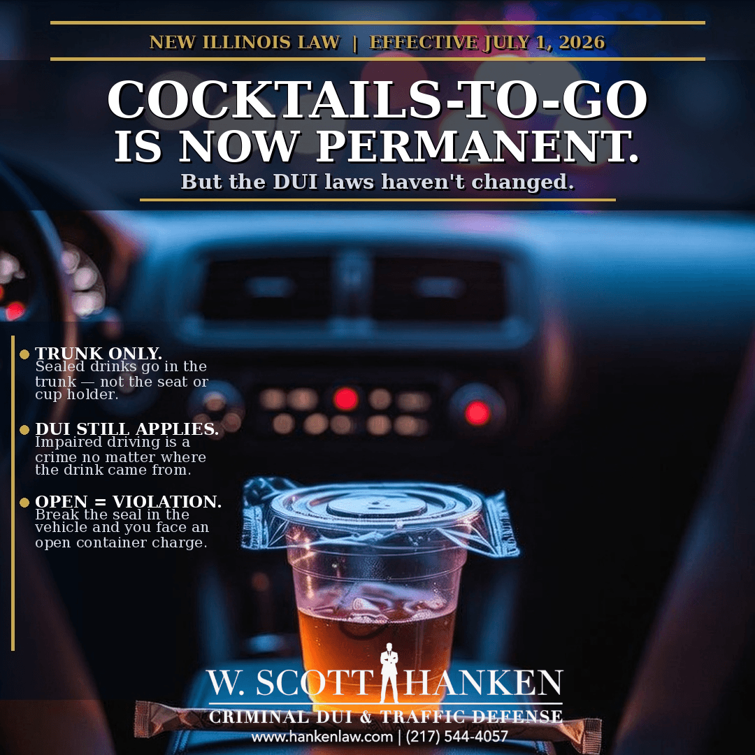 Infographic by Springfield DUI attorney W. Scott Hanken explaining that Illinois cocktails-to-go is now permanent under SB 618 but DUI and open container laws remain unchanged.