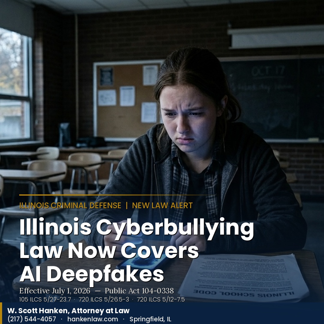 Student sitting alone in classroom looking distressed at a phone, illustrating Illinois's new cyberbullying deepfake law explained by Springfield attorney W. Scott Hanken.
