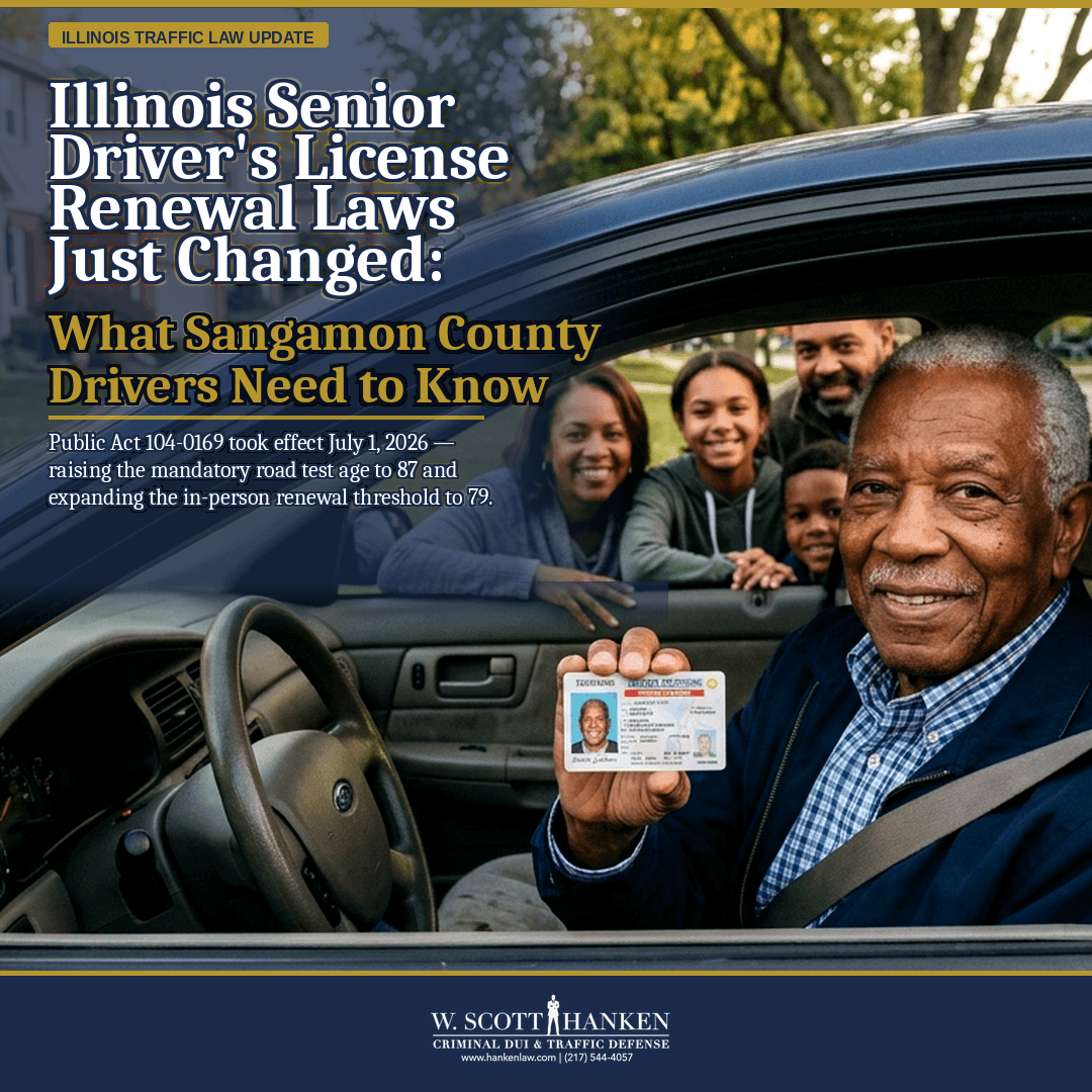An elderly Black man smiles while holding up his driver's license through a car window with family beside him, illustrating the Sangamon County senior driver license law covered by attorney W. Scott Hanken.