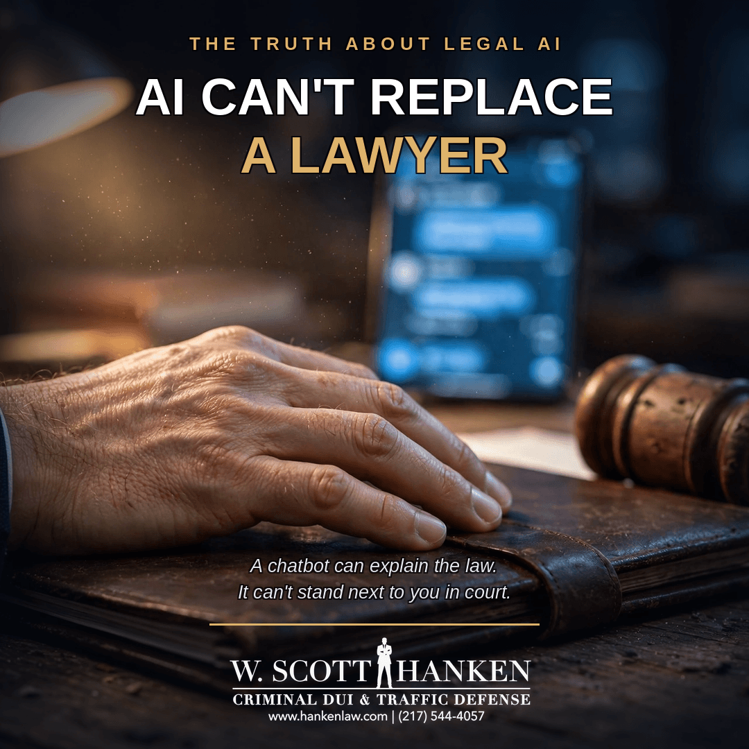 A hand rests on a leather-bound legal book beside a gavel and a blurred AI chatbot screen, illustrating that AI legal advice in Springfield IL can't replace attorney W. Scott Hanken in court.