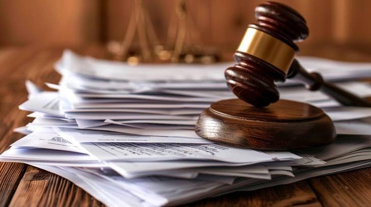 A judge's gavel and scales of justice rest atop a stack of court documents, representing the record-clearing process handled by Springfield expungement lawyer W. Scott Hanken.