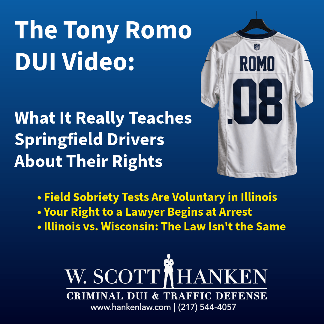 Blue graphic promoting attorney W. Scott Hanken's article on Illinois DUI field sobriety test rights, featuring a football jersey and the headline 