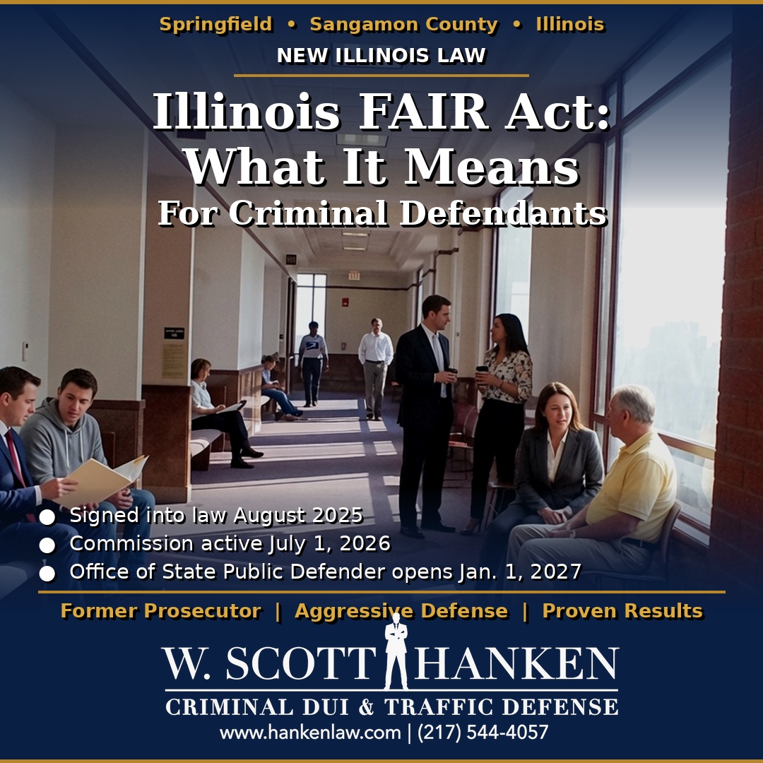 Graphic explaining the Illinois FAIR Act public defender law reform in Sangamon County, showing a courthouse hallway with attorneys and clients, from W. Scott Hanken, Attorney at Law