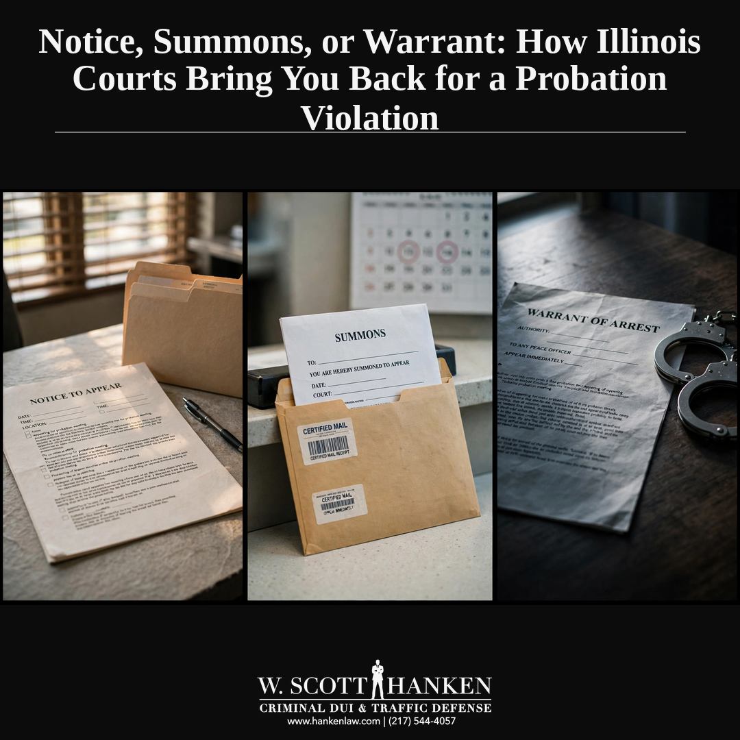 Three court documents — a notice to appear, a certified-mail summons, and a warrant of arrest with handcuffs — illustrate the three ways Illinois courts respond to an Illinois probation violation warrant, as explained by attorney W. Scott Hanken.