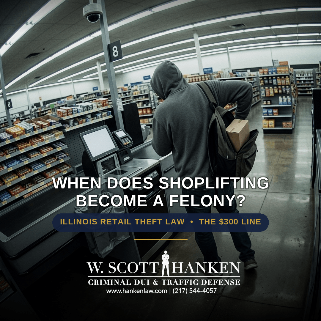 Springfield IL retail theft lawyer W. Scott Hanken graphic explaining when Illinois shoplifting charges become a felony under the $300 threshold law.