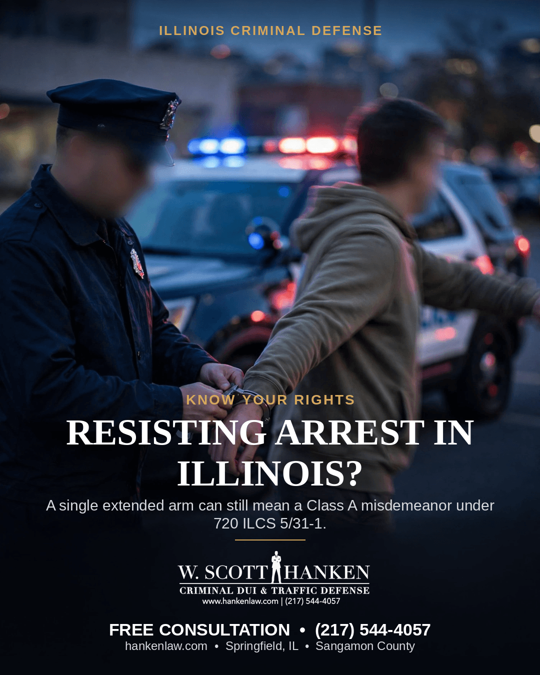 A police officer handcuffs a man beside patrol cars with flashing lights, illustrating an Illinois resisting a peace officer charge under 720 ILCS 5/31-1, from Springfield criminal defense attorney W. Scott Hanken.