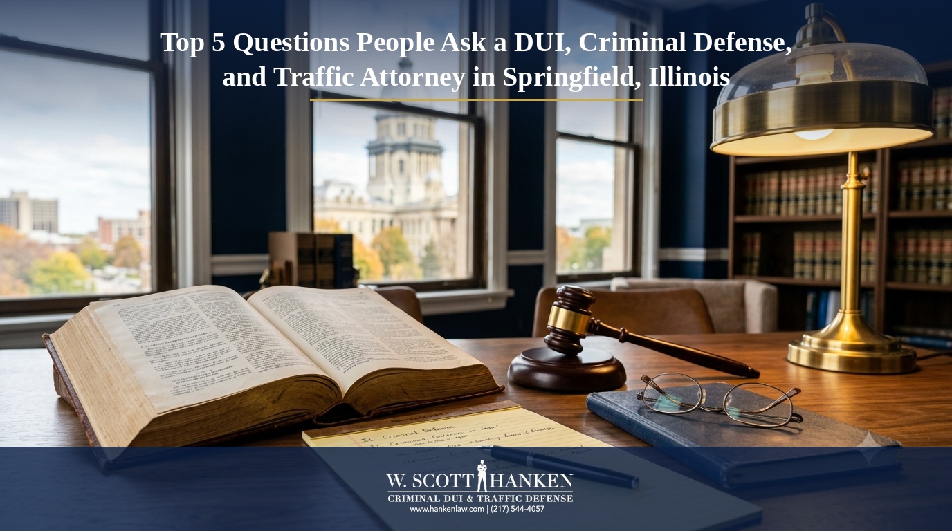 Law books, a gavel, and a lamp on a desk overlooking the Illinois State Capitol, representing Springfield criminal defense attorney W. Scott Hanken answering the top 5 questions clients ask about DUI, criminal, and traffic cases.