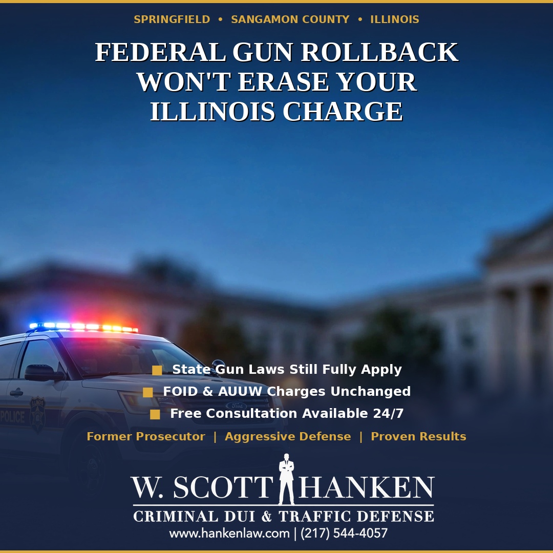 Springfield police cruiser at dusk illustrating a Springfield weapons charge lawyer, W. Scott Hanken, defending Illinois gun and FOID cases.