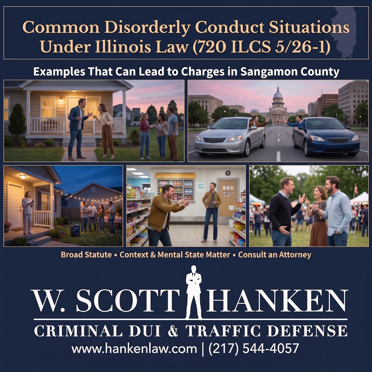 Infographic from Springfield attorney W. Scott Hanken showing five common disorderly conduct Springfield IL situations under 720 ILCS 5/26-1, including a porch argument between neighbors, a road rage confrontation near the Illinois State Capitol, a late-night noise complaint, a convenience store dispute, and an argument at an outdoor festival.