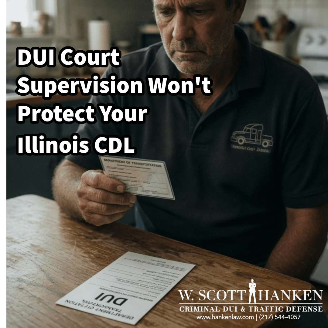 A Springfield-area commercial driver reviews his DUI citation and Illinois CDL at his kitchen table, illustrating attorney W. Scott Hanken's guidance that DUI court supervision still triggers a CDL disqualification.