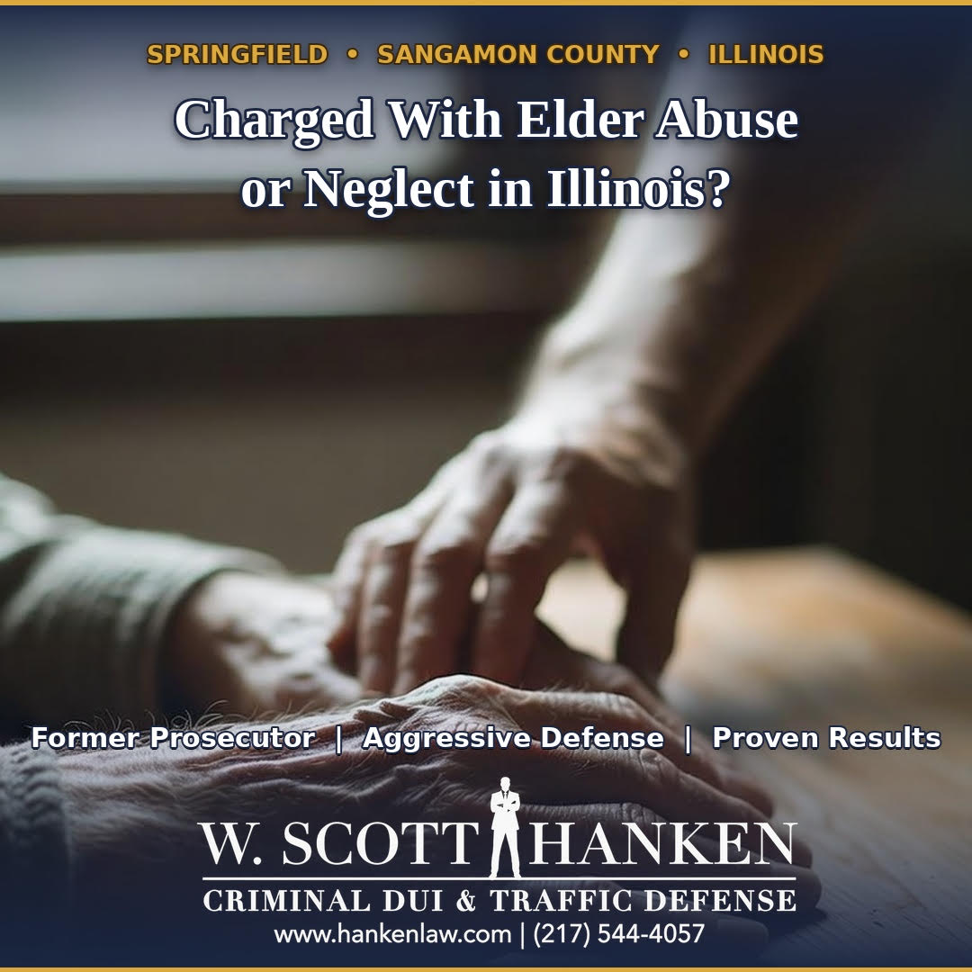 Graphic for Springfield attorney W. Scott Hanken's guide to elder abuse charges Springfield IL caregivers face, showing a younger hand resting on an elderly person's hands.