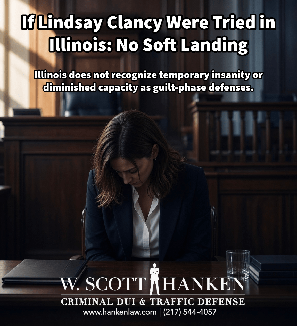 Illinois insanity defense law graphic from Springfield attorney W. Scott Hanken, showing a woman seated alone at a courtroom defense table.