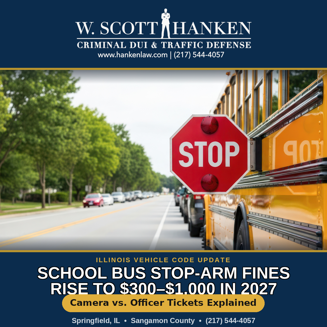 A stopped school bus with its red stop-arm extended on a Springfield street, illustrating an Illinois school bus stop-arm ticket, with contact information for W. Scott Hanken, Attorney at Law.