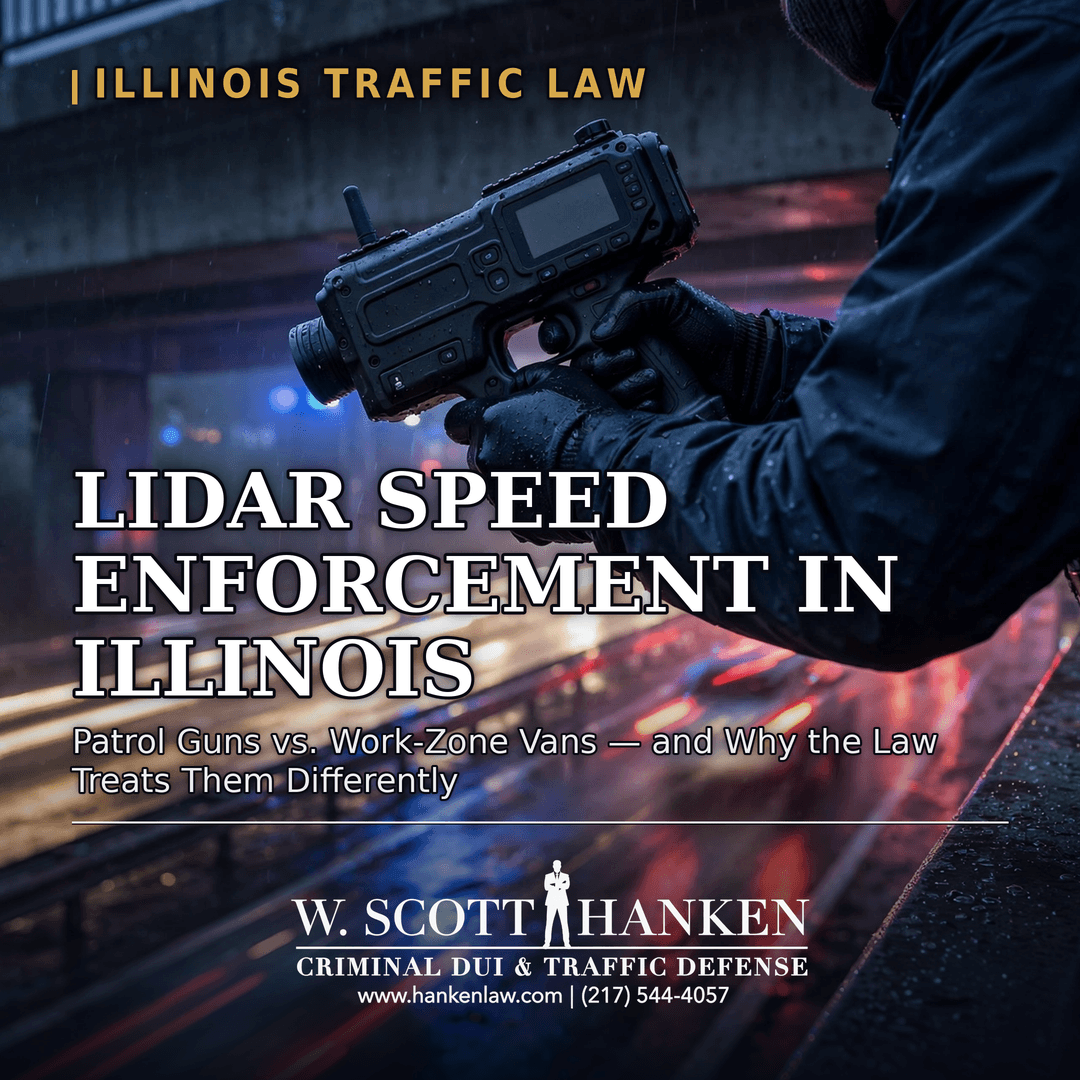 An officer aims a handheld LiDAR speed gun over a rain-slicked Illinois highway at night, illustrating attorney W. Scott Hanken's guide to Illinois work zone speed camera and patrol LiDAR tickets.