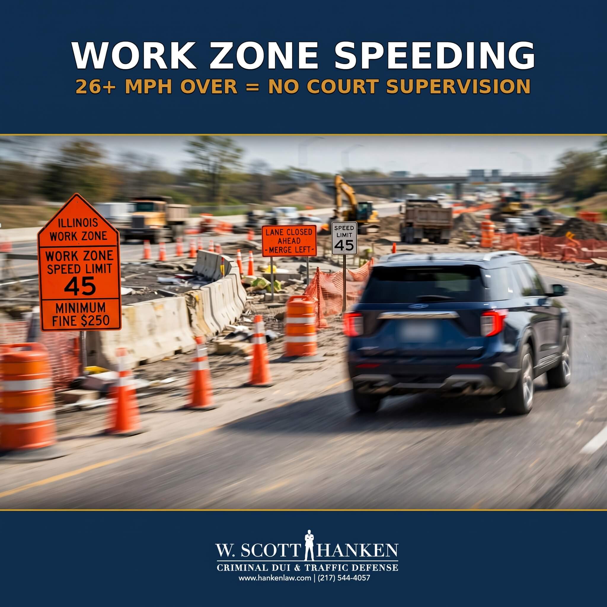Infographic from Springfield attorney W. Scott Hanken on Illinois work zone speeding, showing a vehicle passing a posted 45 mph work zone sign with the warning that 26+ mph over means no court supervision.