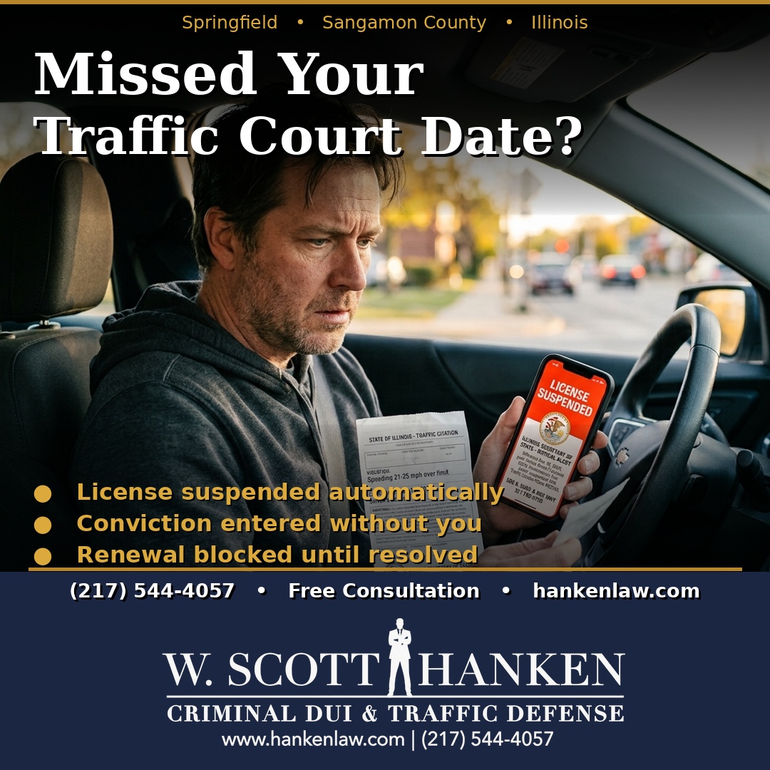 A Springfield driver sits behind the wheel holding a traffic citation and a phone showing a license suspension alert, illustrating what happens after a missed traffic court date in Illinois, from attorney W. Scott Hanken.