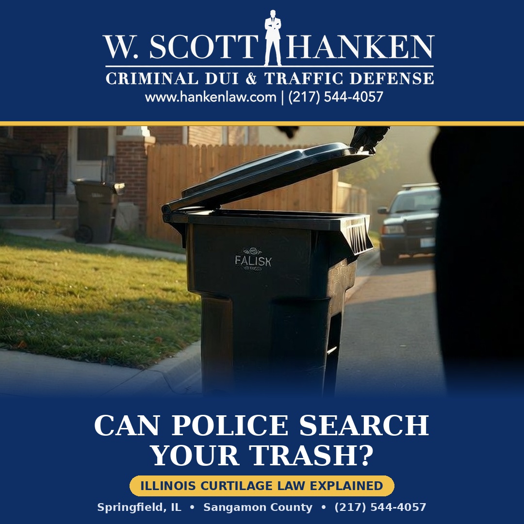 W. Scott Hanken banner graphic asking whether police can search your trash in Illinois, showing an open curbside trash can and a police officer's silhouette in a Springfield-style neighborhood.