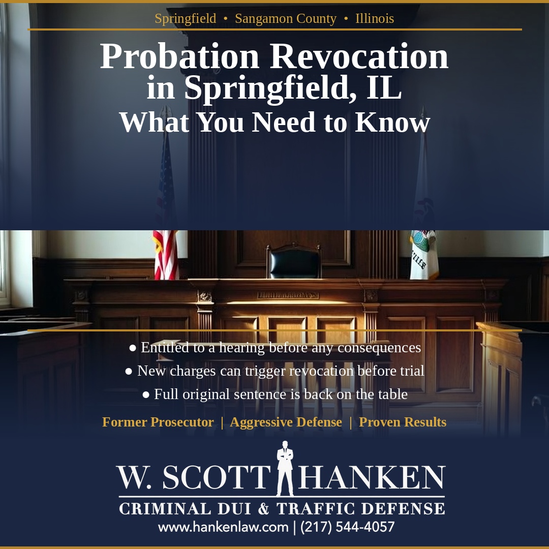 Courtroom bench graphic promoting W. Scott Hanken's guide to probation revocation in Springfield, IL, with a bulleted overview of hearing rights and consequences.