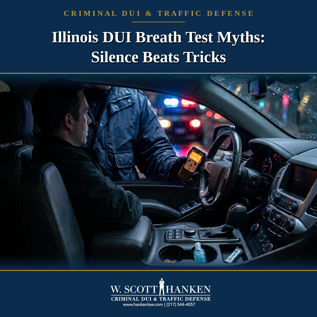 Springfield DUI attorney W. Scott Hanken graphic on Illinois DUI breath test myths, showing an officer holding a breathalyzer at a driver's window during a night traffic stop.