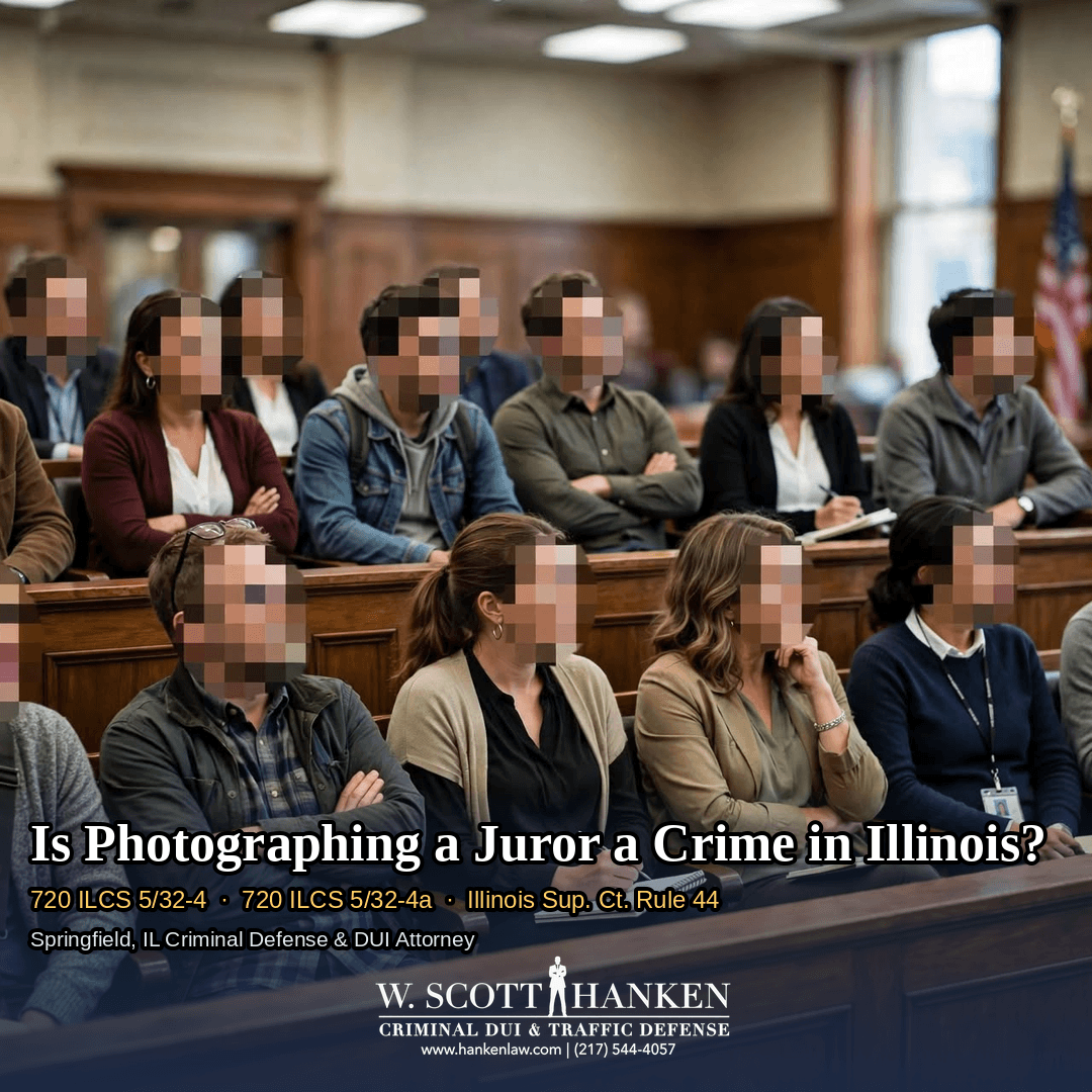 Springfield criminal defense attorney W. Scott Hanken explains Illinois jury tampering charges, showing a jury box of seated jurors with faces obscured.