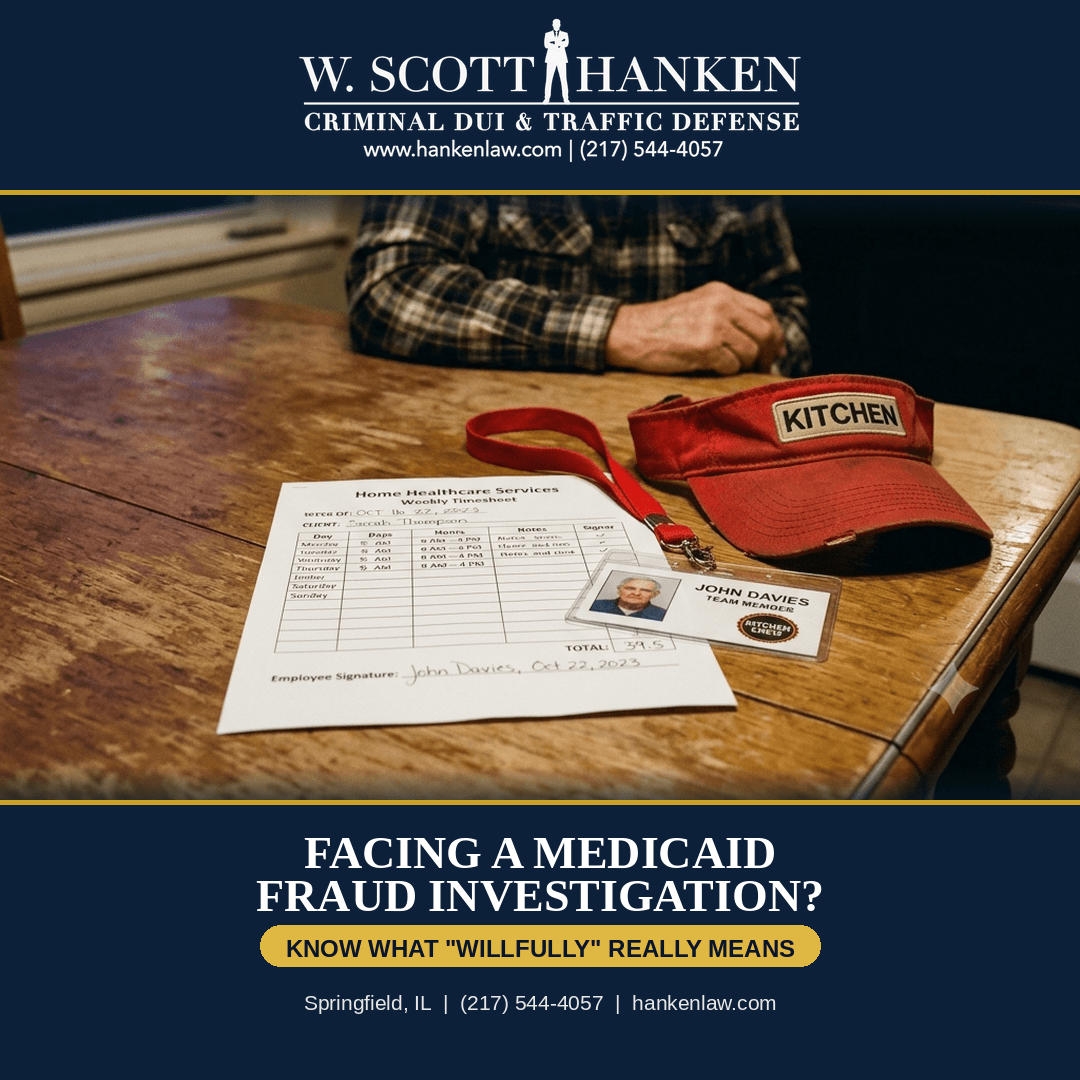 Illinois Medicaid vendor fraud charges explained by Springfield attorney W. Scott Hanken, shown over a home healthcare weekly timesheet and a second-job employee badge.