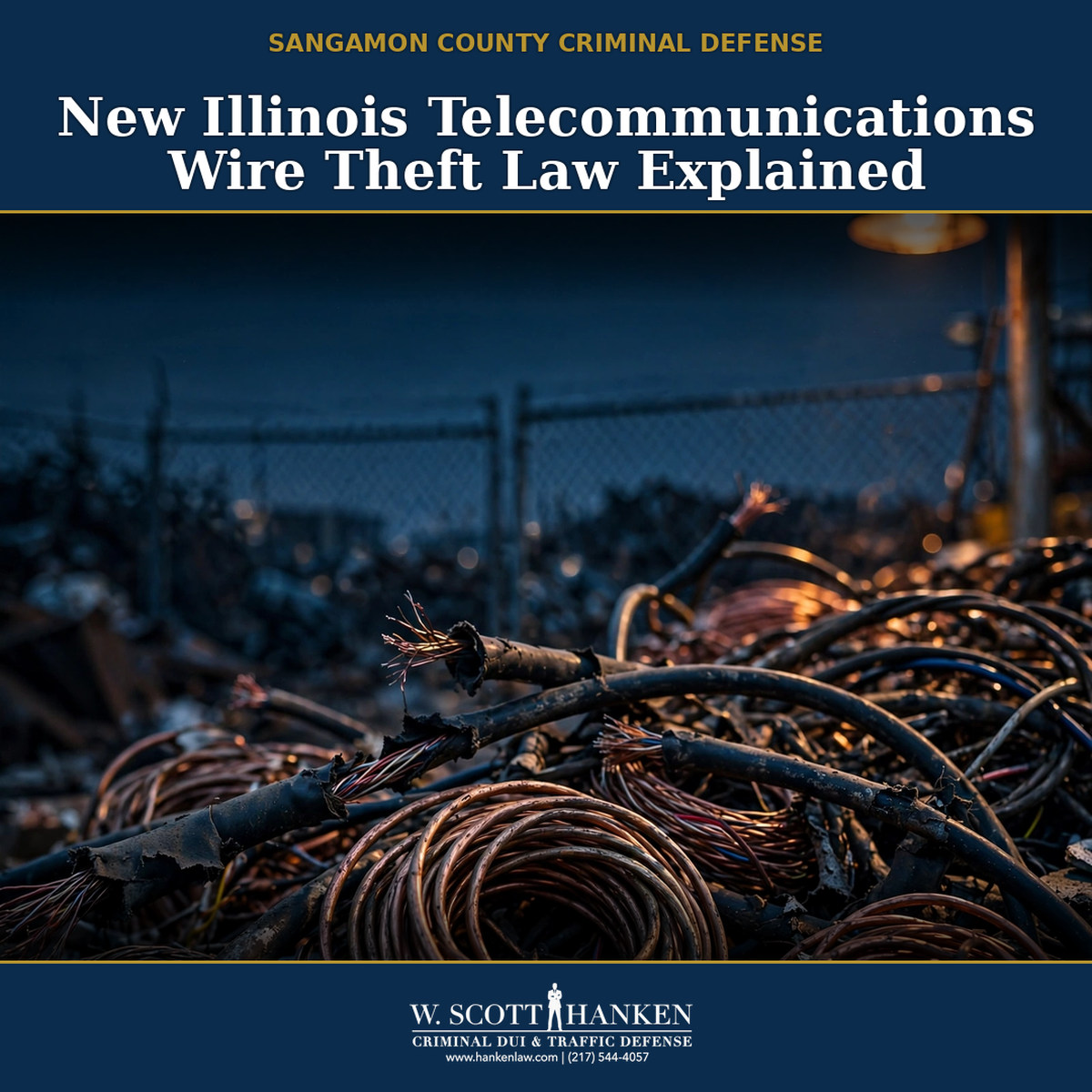 Springfield attorney W. Scott Hanken explains the Illinois telecom wire theft law, shown over a scrapyard pile of stripped copper and telecommunications cable at dusk.