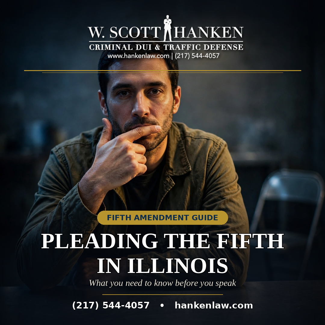 Featured image for Pleading the Fifth in Illinois from Springfield criminal defense attorney W. Scott Hanken, showing a man seated at a table with his hand at his chin beneath a Fifth Amendment Guide label and headline.