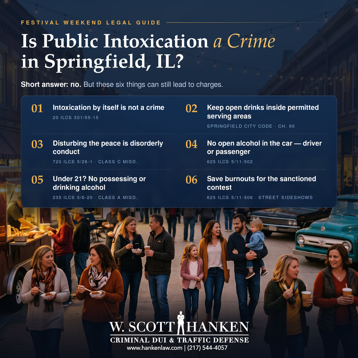 Public intoxication Springfield IL infographic from attorney W. Scott Hanken listing six festival-weekend alcohol rules with Illinois statute citations, over a photo of families enjoying food trucks and live music on a downtown street under string lights.