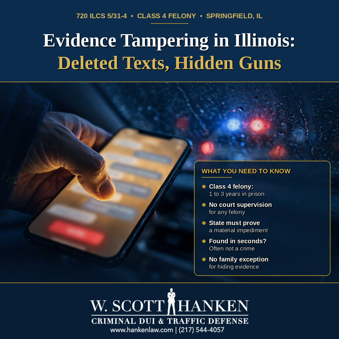 Infographic on evidence tampering in Springfield, IL from W. Scott Hanken, showing a hand deleting text messages on a phone near police lights, with key facts: Class 4 felony, no court supervision, and the State must prove a material impediment.