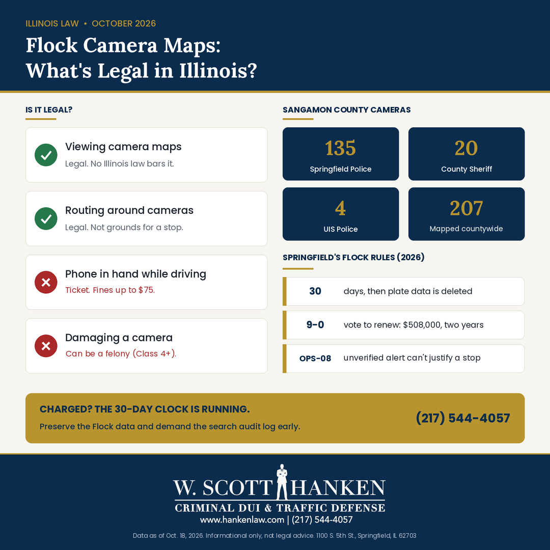 Flock camera map Illinois infographic from Springfield attorney W. Scott Hanken showing that viewing camera maps and routing around cameras are legal, that a phone in hand while driving brings fines up to $75 and damaging a camera can be a felony, and Sangamon County camera counts.