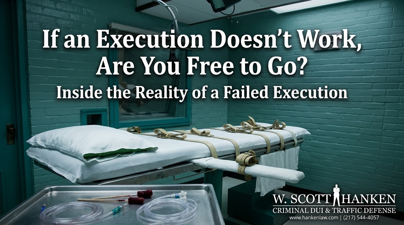 Empty lethal injection gurney with restraint straps and IV tubing, headlined